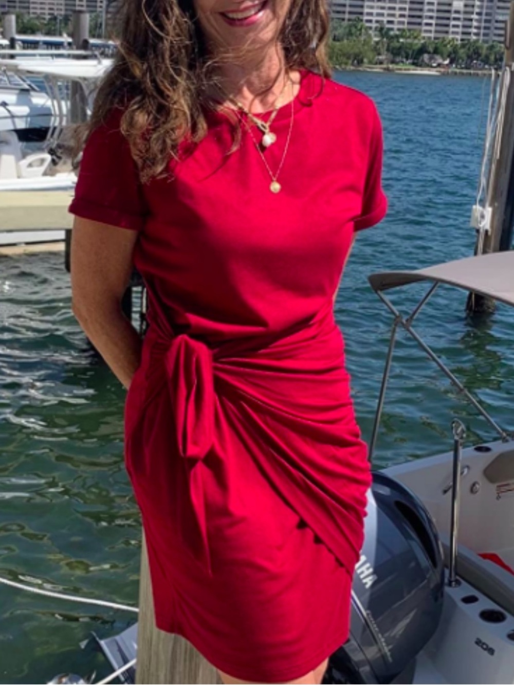 DKNY Red Tie-Side Short Sleeve Midi Dress